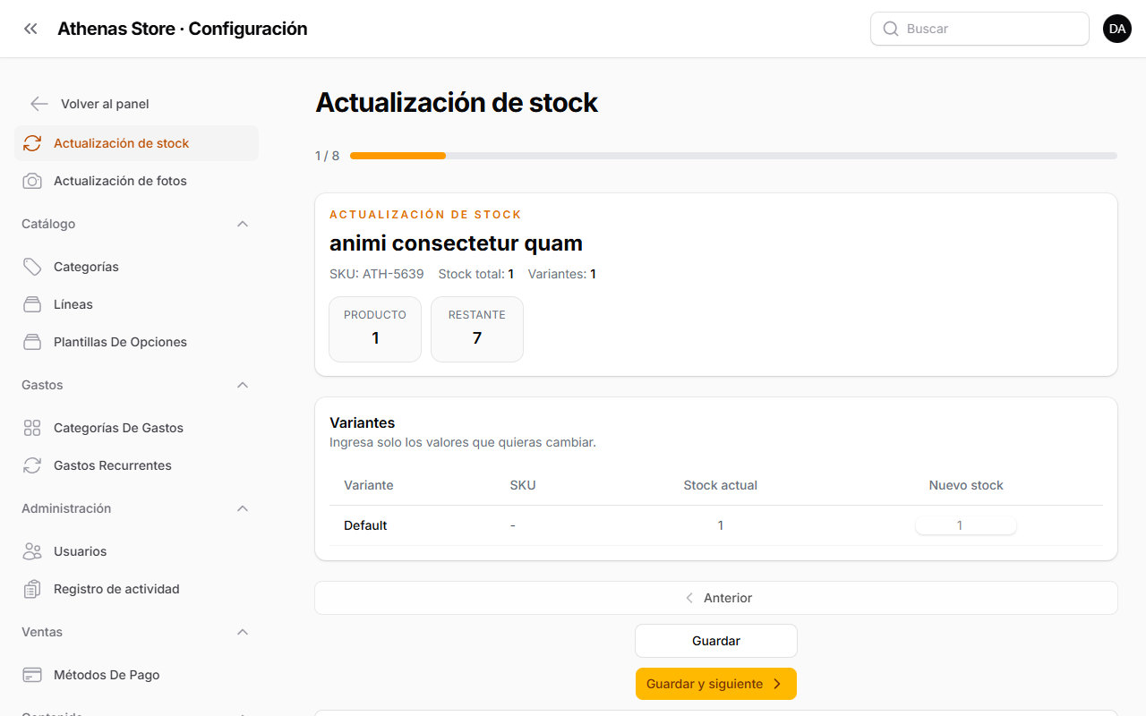 Página de Actualización de stock con el primer producto
