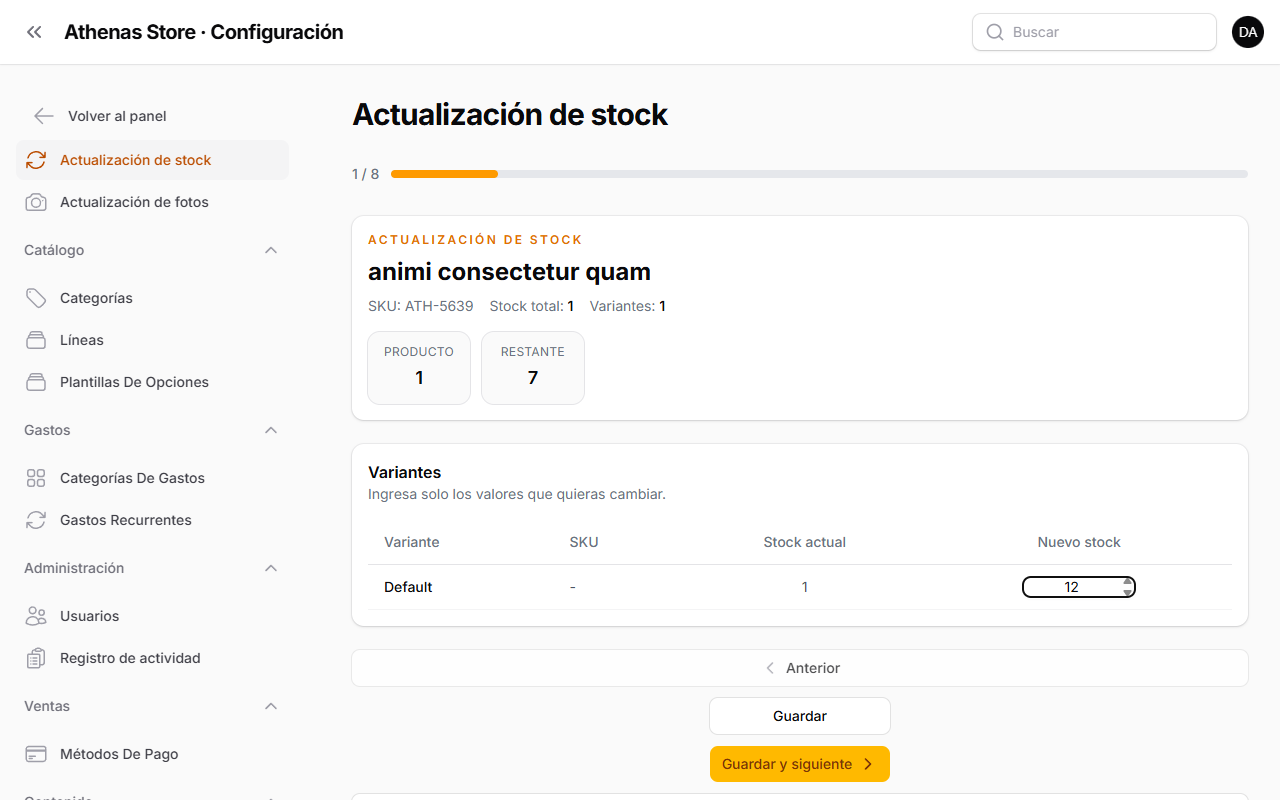 Ingresando una nueva cantidad en la columna Nuevo stock