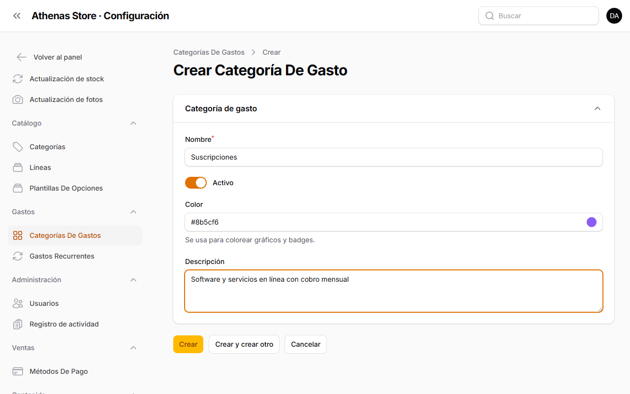 Formulario de categoría de gasto completado