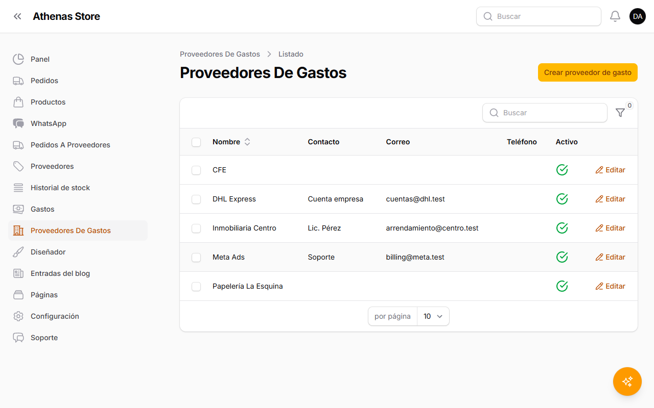 Listado de proveedores de gasto con el botón Crear proveedor de gasto