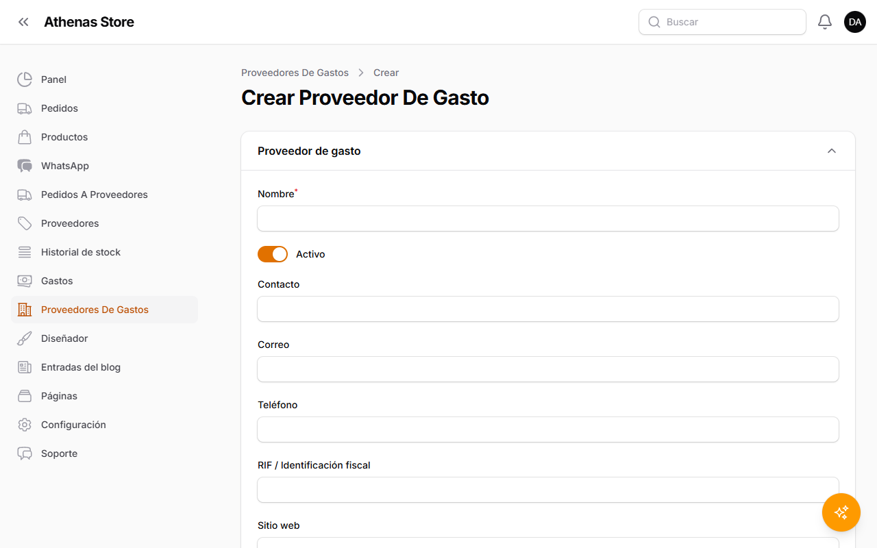 Formulario de proveedor de gasto vacío