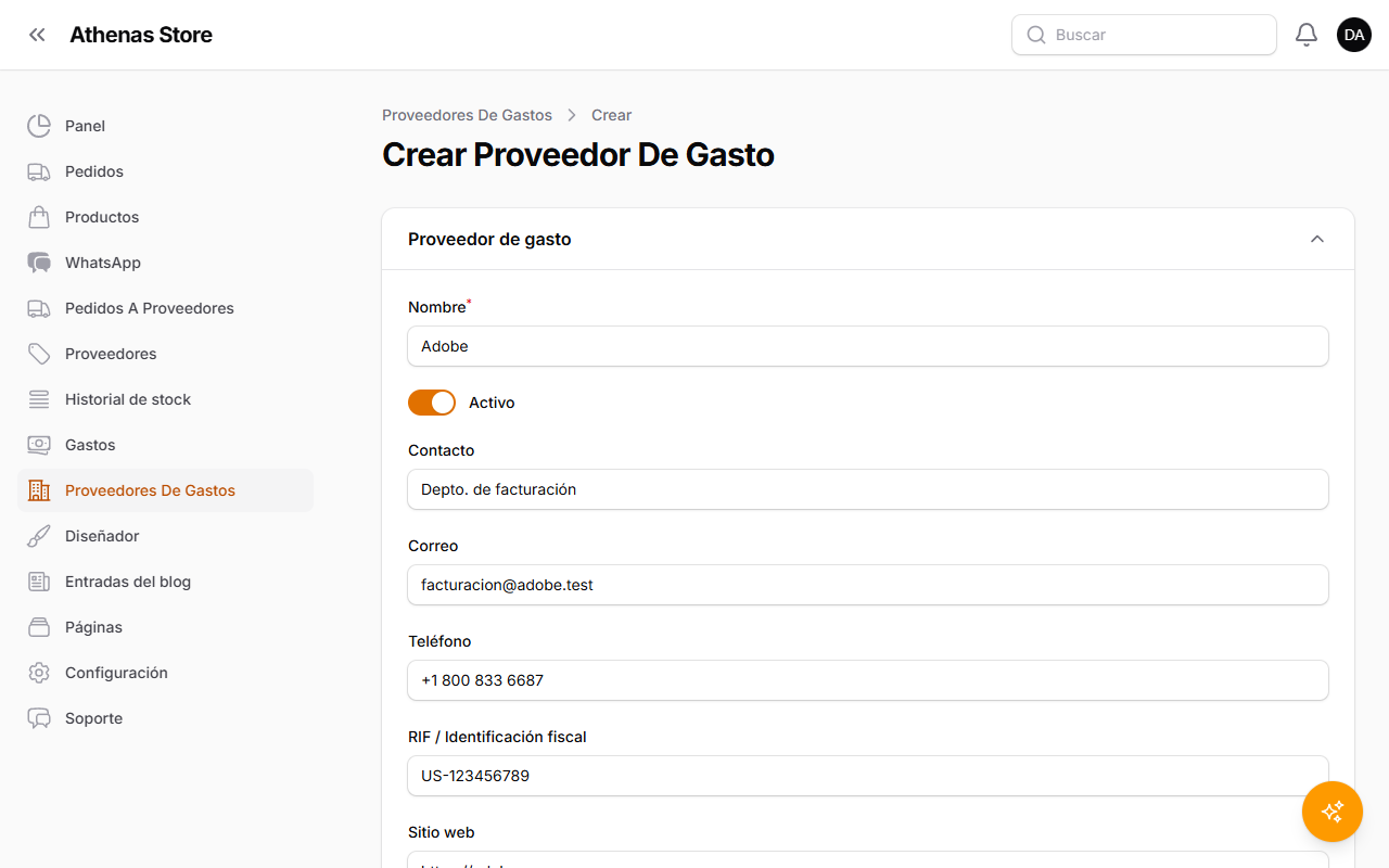 Formulario de proveedor de gasto completado