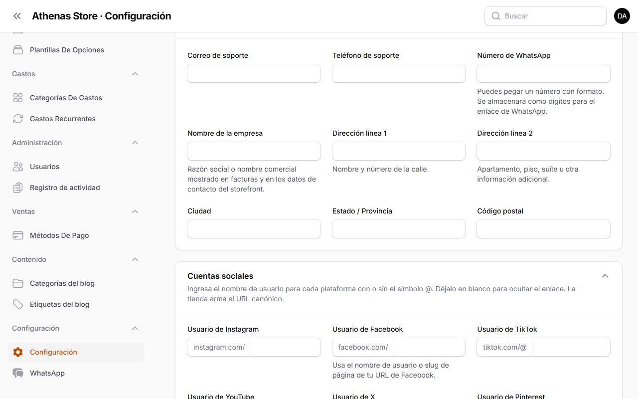 Secciones Contacto y Cuentas sociales