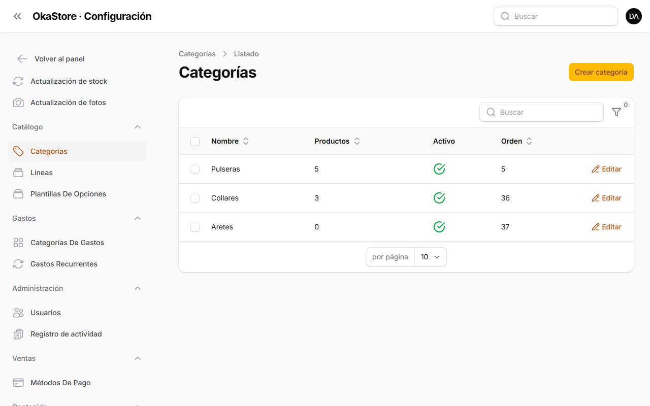 Listado de categorías con el botón Crear categoría