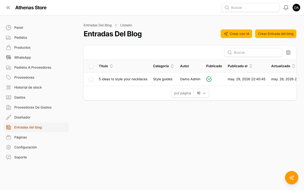 Listado de entradas con el botón Crear entrada del blog