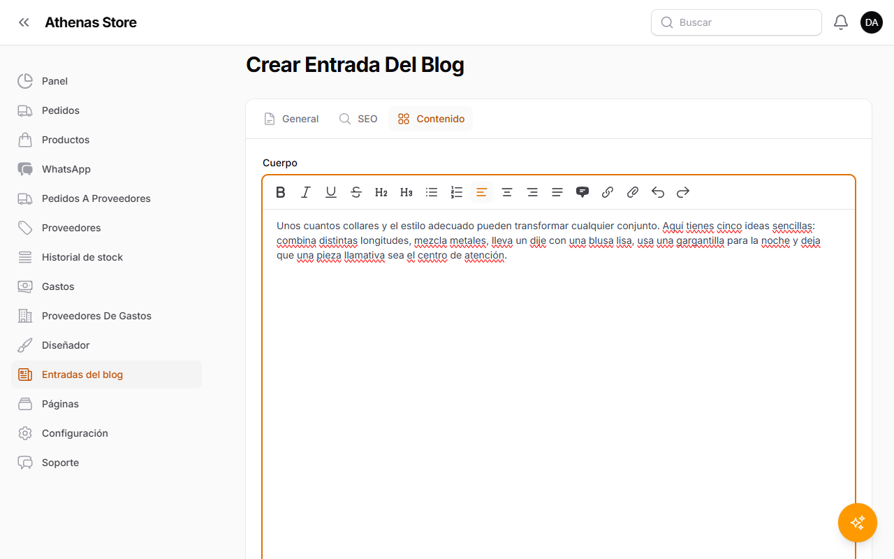Pestaña Contenido con el editor de texto enriquecido