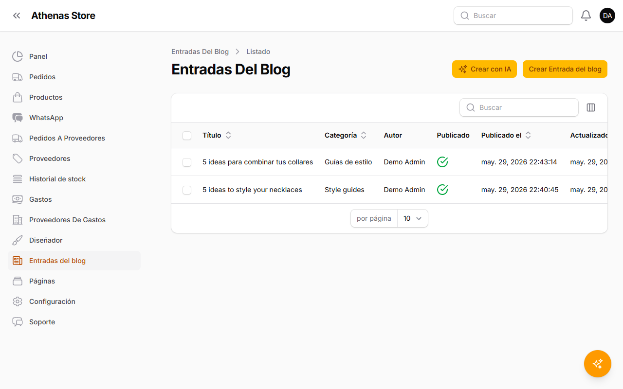Listado de entradas con la nueva entrada guardada