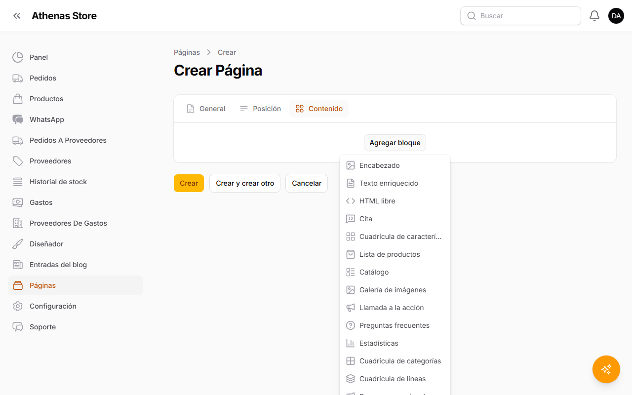 Selector con los bloques disponibles