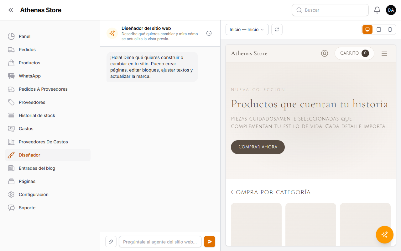 El Diseñador con la vista previa en vivo de la página
