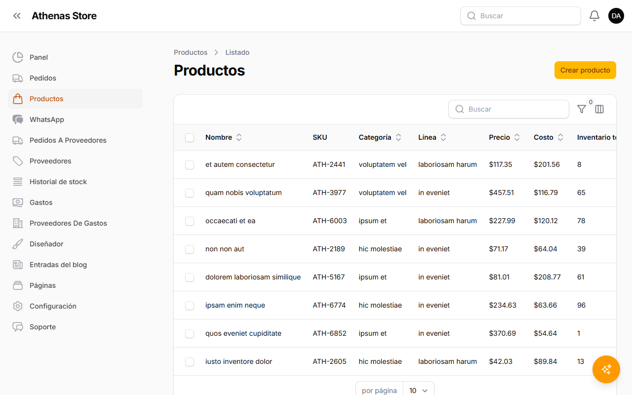 Listado de productos con el botón Crear producto