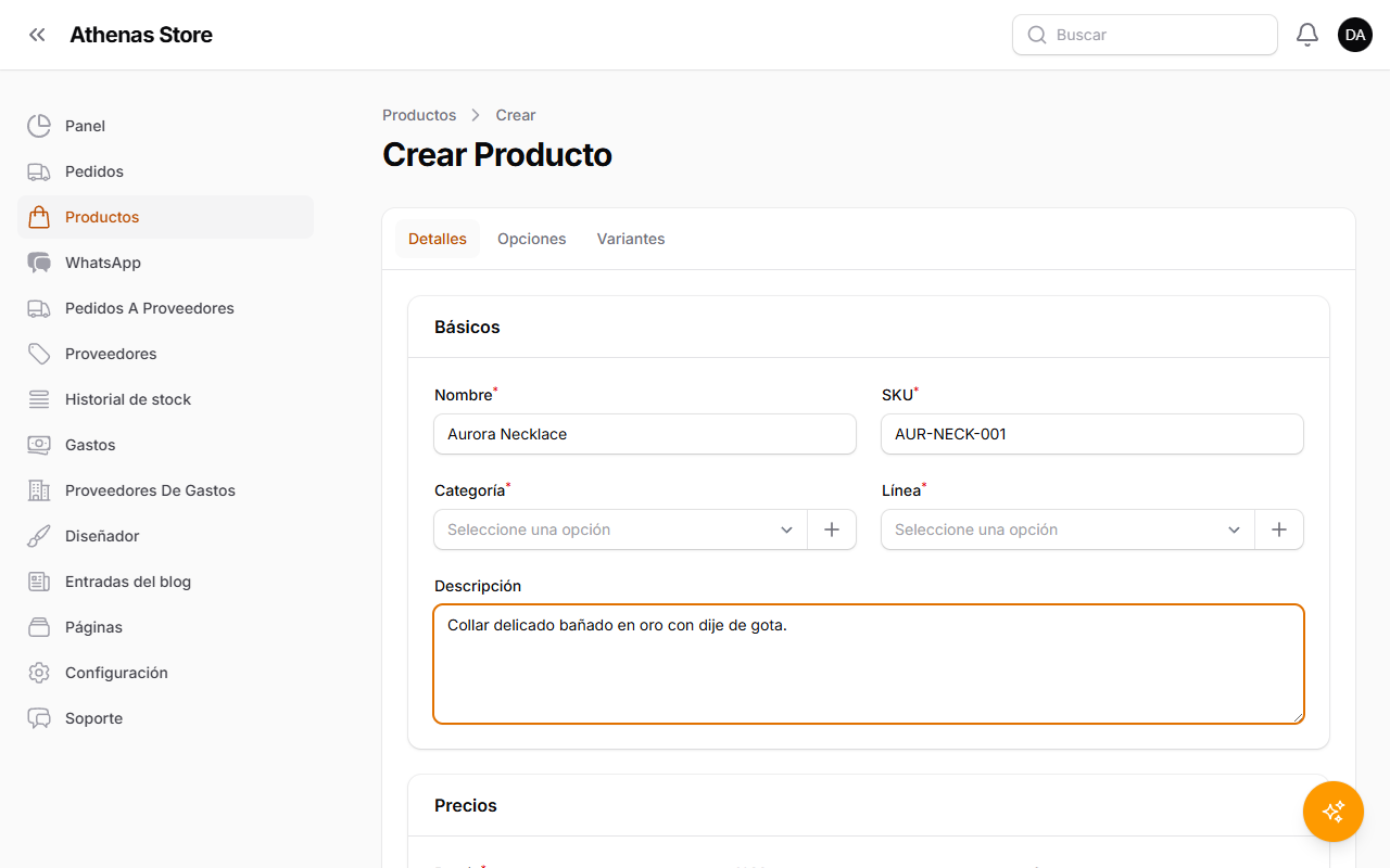 Formulario de producto completado