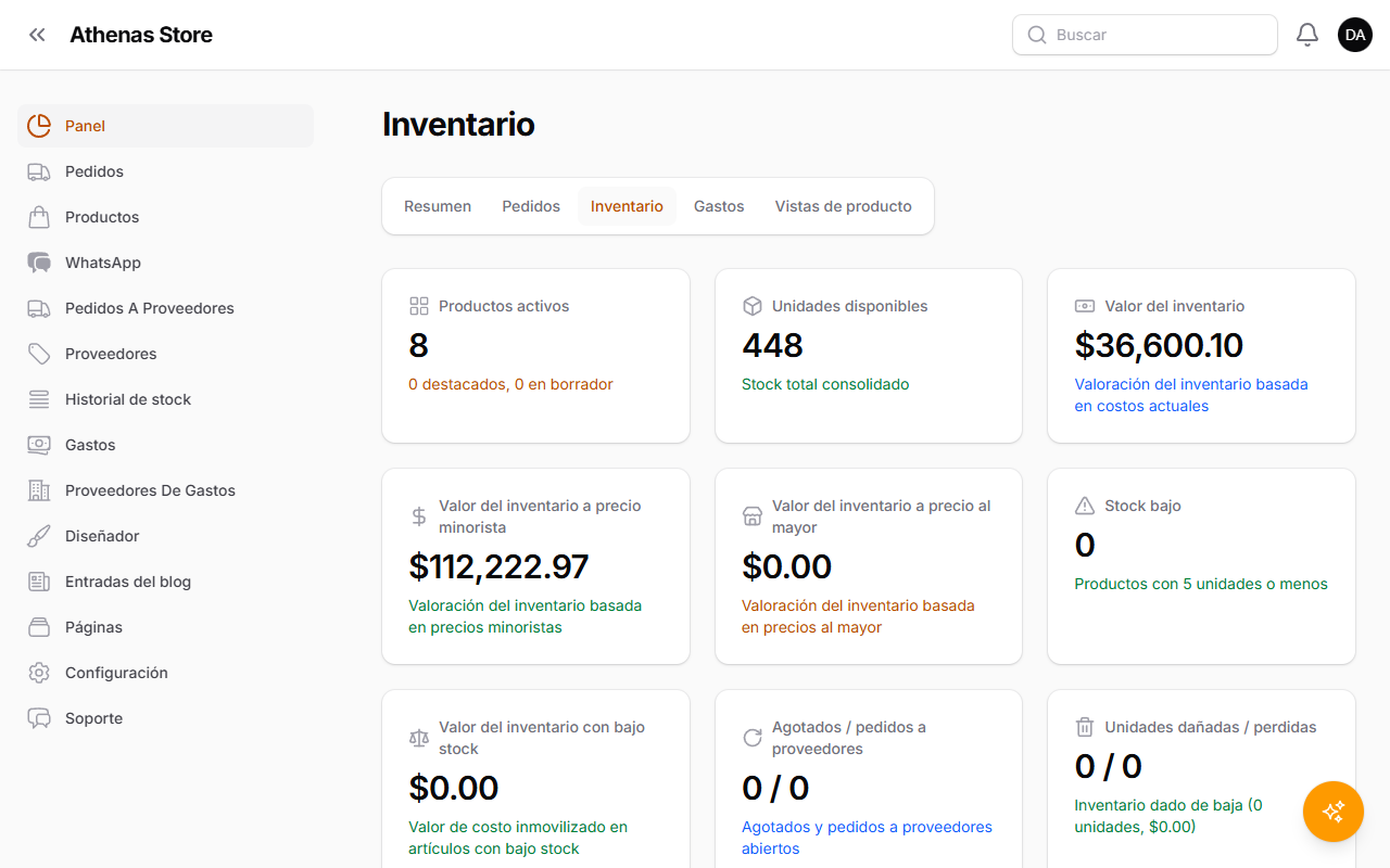 Reporte de inventario con valor de stock y tarjetas de stock bajo