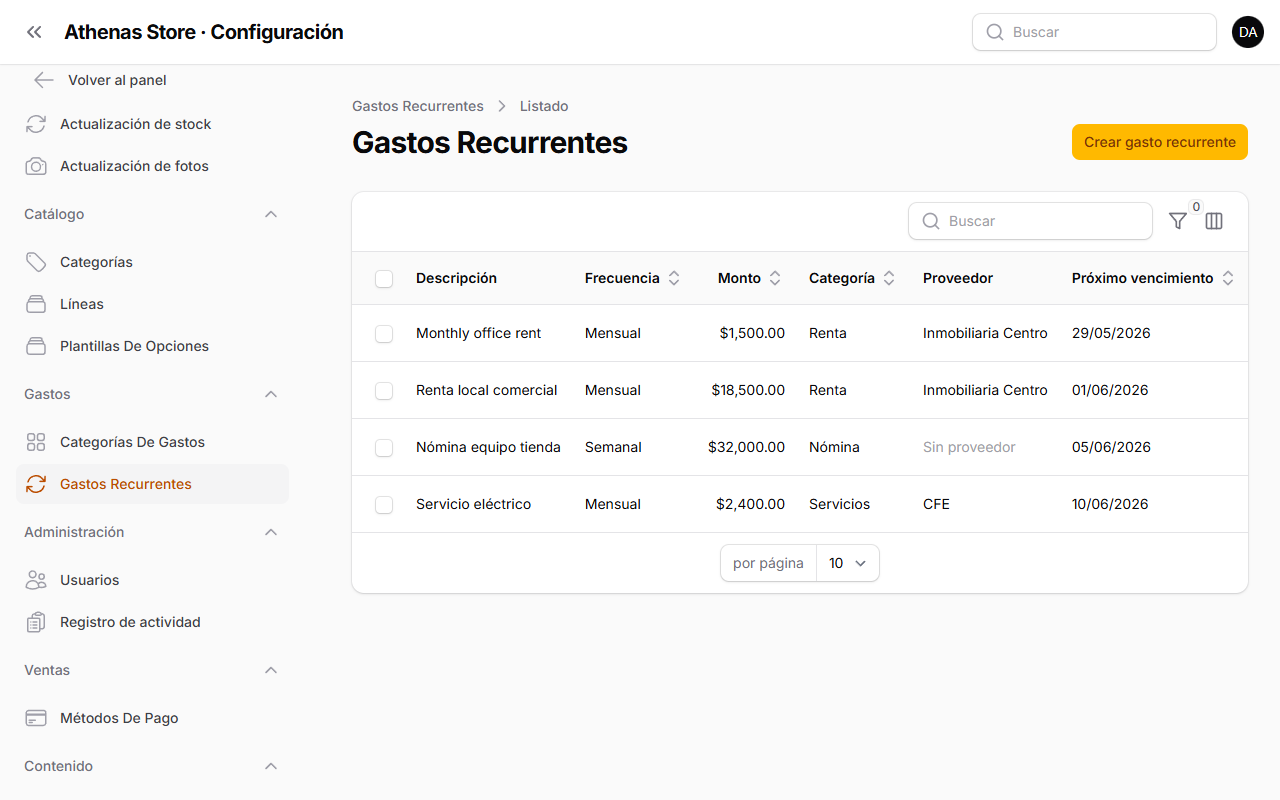 Listado de gastos recurrentes con el botón Crear gasto recurrente