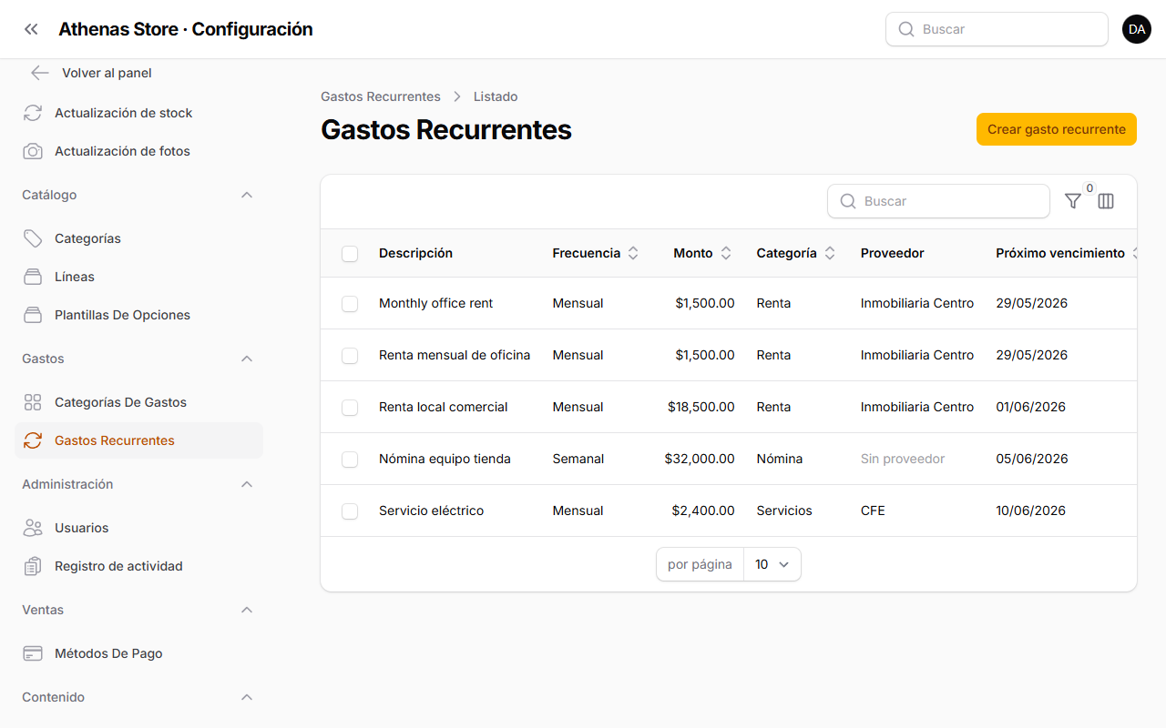 Gasto recurrente guardado en el listado