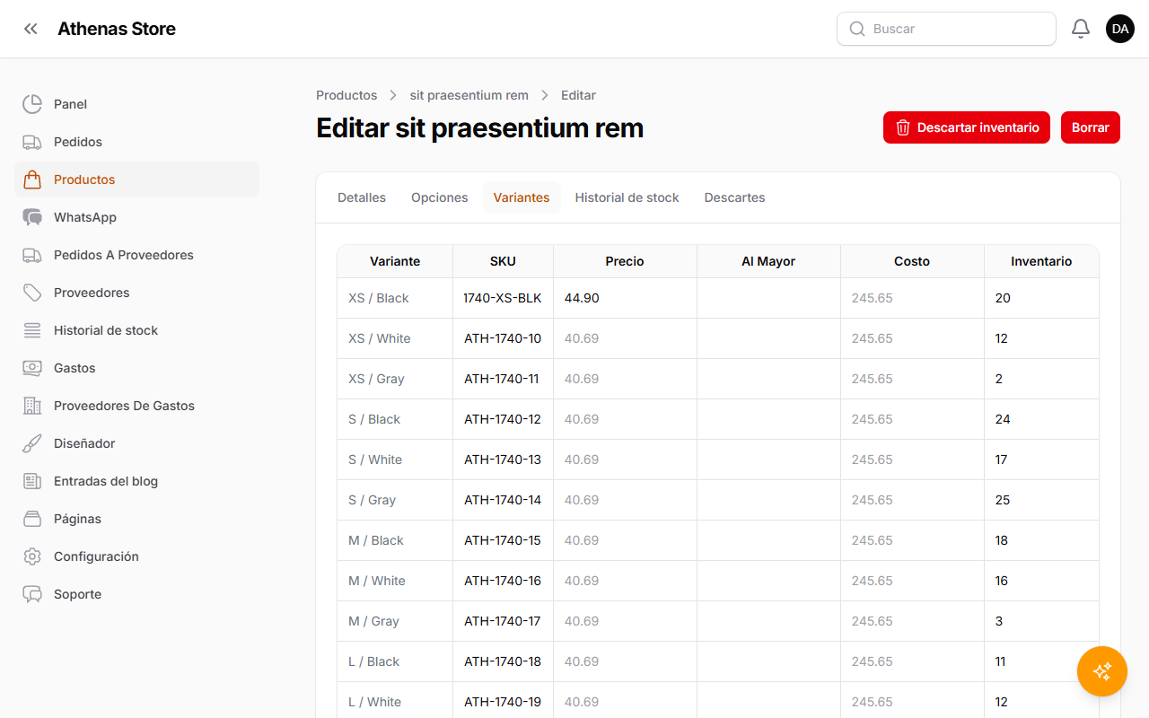 Editando el SKU, precio e inventario de una variante