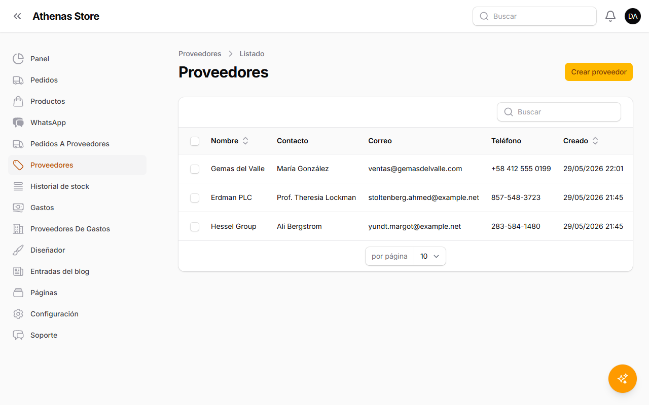 Listado de proveedores con el botón Crear proveedor