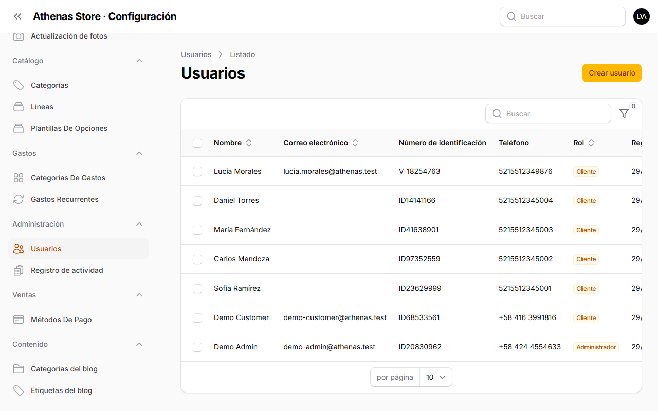 Listado de usuarios con el botón Crear usuario