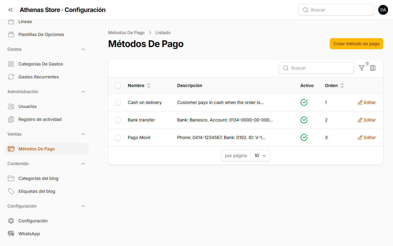 Listado de métodos de pago con el botón Crear método de pago