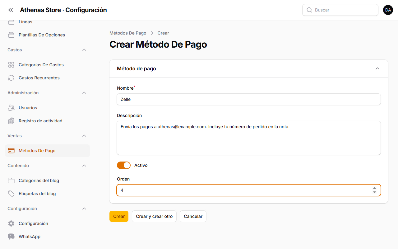 Formulario de método de pago completado