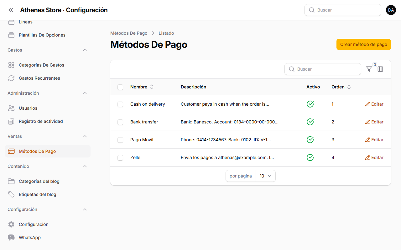 Listado de métodos de pago con el método nuevo