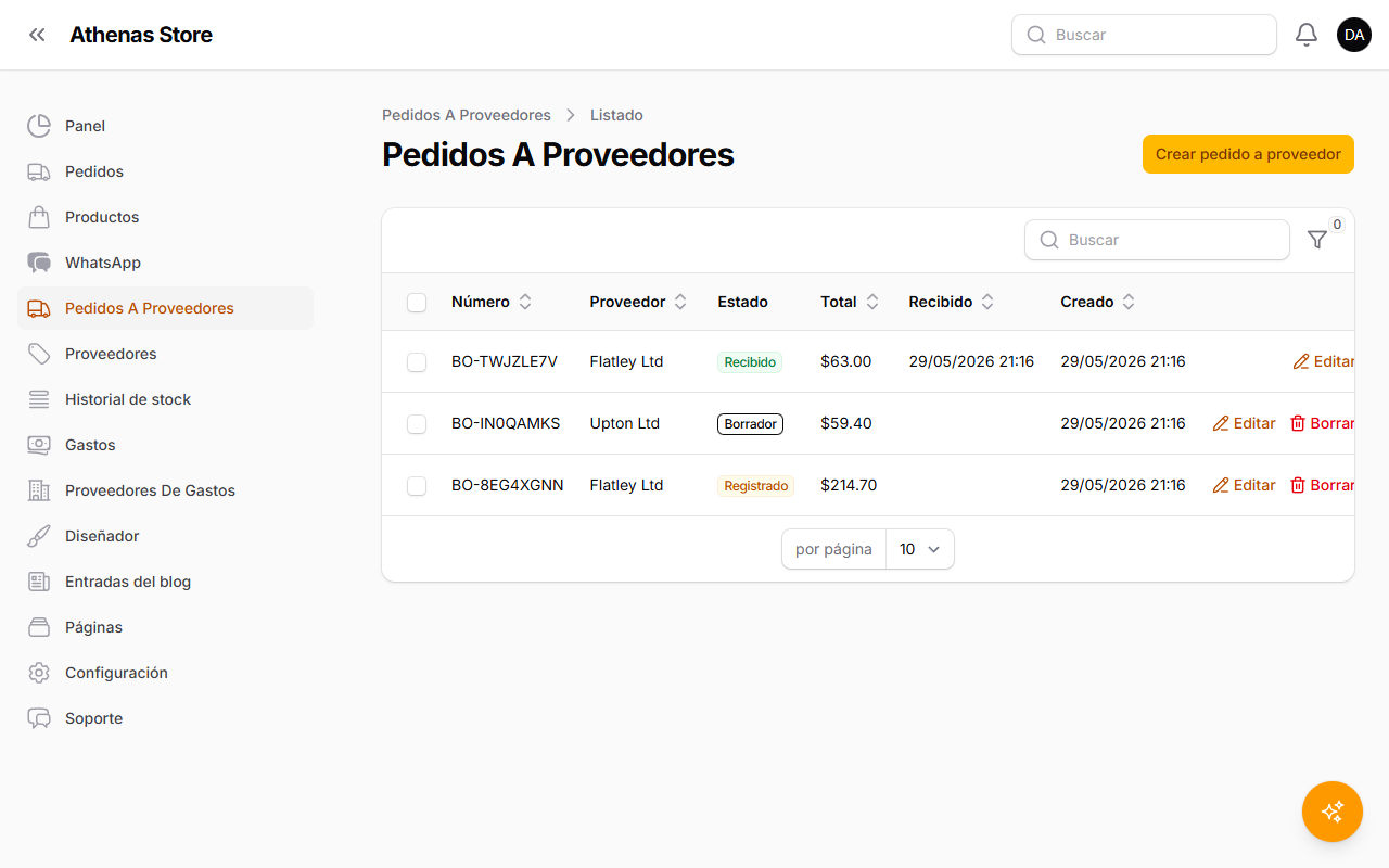 Listado de pedidos a proveedores
