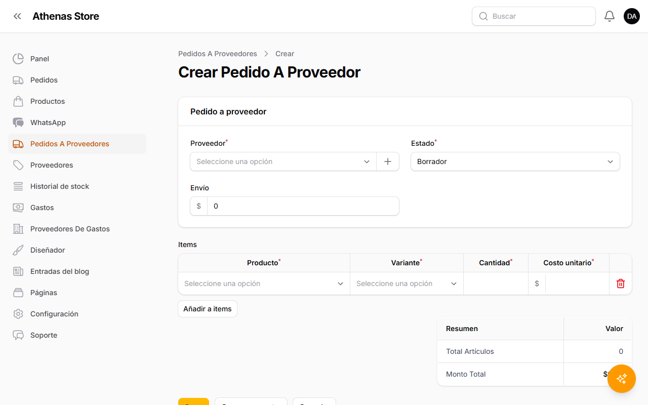 Crear un pedido a proveedor