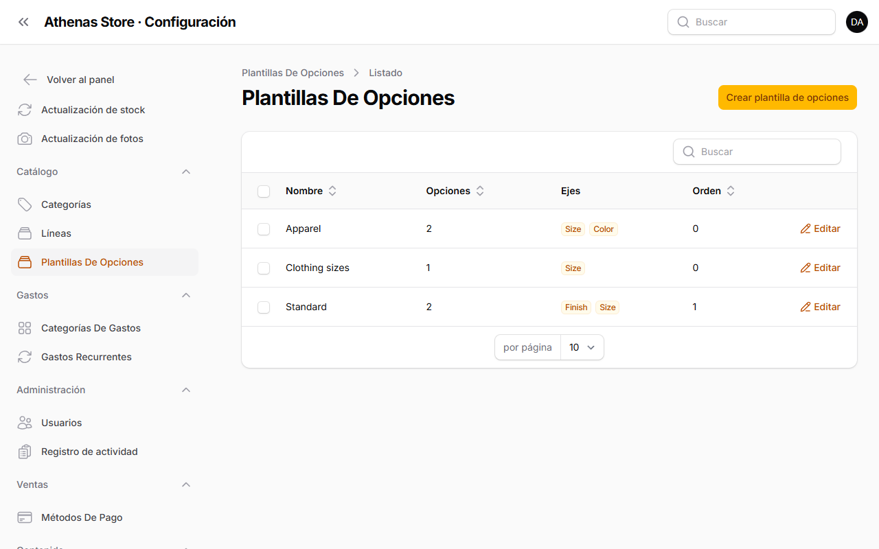 Listado de plantillas con el botón Crear plantilla de opciones