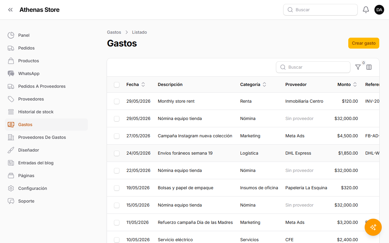 Listado de gastos con el botón Crear gasto