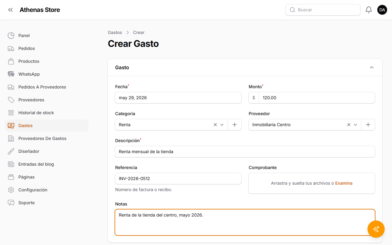 Formulario de gasto completado