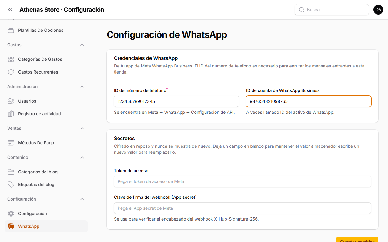 Página de configuración de WhatsApp
